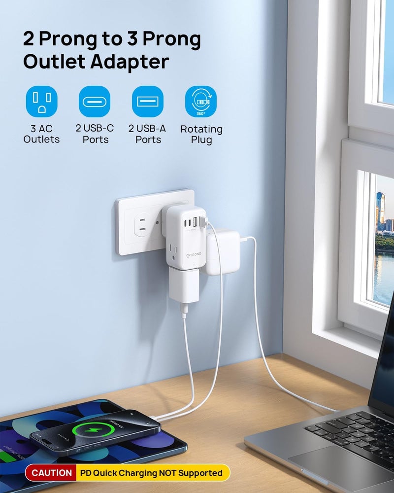 TROND 3 to 2 Prong Adapter with 360° Rotating Plug, 2 Prong Outlet Extender with 3 AC and 4 USB Ports, US to Japan Plug Adapter, Wall Outlet Splitter for Travel, Home, Cruise Essentials - Image 2